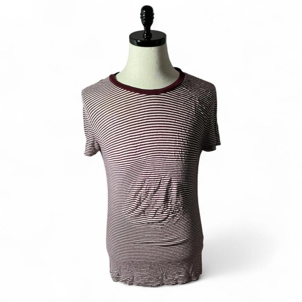Brandyβ Melville Burgundy White Striped One Size Cotton T Shirt